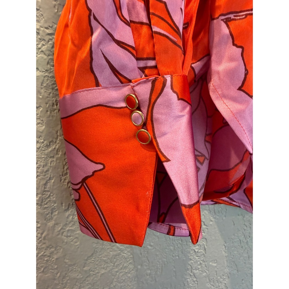 House of Harlow 1960 Orange‎ Lavender Floral Satin Button Down Shirt Medium - Picture 2 of 6